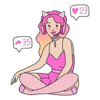 illustration streamer girl in a pink kitty suit vector