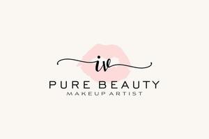 Initial IV Watercolor Lips Premade Logo Design, Logo for Makeup Artist Business Branding, Blush Beauty Boutique Logo Design, Calligraphy Logo with creative template. vector