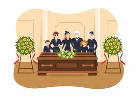 ceremonia fúnebre en la tumba de personas tristes vestidas de negro de pie y corona alrededor del ataúd en ilustración de plantilla dibujada a mano de caricatura plana vector