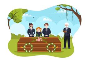 ceremonia fúnebre en la tumba de personas tristes vestidas de negro de pie y corona alrededor del ataúd en ilustración de plantilla dibujada a mano de caricatura plana vector