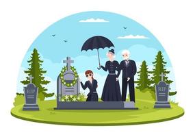 ceremonia fúnebre en la tumba de personas tristes vestidas de negro de pie y corona alrededor del ataúd en ilustración de plantilla dibujada a mano de caricatura plana vector