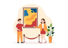 Art Gallery on Museum of Exhibition Visitors Viewing Modern Abstract Paintings at Contemporary and Photo in Flat Cartoon Hand Template Illustration vector