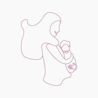 Editable Outline Style Side View of Woman Carrying a Kid Vector Illustration for Artwork Element of Mother's Day or Womanhood Related Design