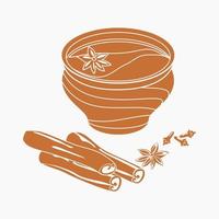 editable aislado plano monocromo estilo indio masala chai en taza de cerámica con una variedad de especias de hierbas ilustración vectorial para elemento de arte de bebidas con diseño de cultura y tradición del sur de asia vector