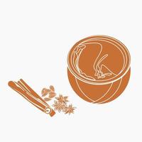 Editable Isolated Top Side View Flat Monochrome Masala Chai in a Bowl With Assorted Herb Spices Vector Illustration for Artwork of Beverages Related Design With South Asian Culture and Tradition