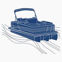 Editable Isolated Top Three-Quarter Oblique View Flat Monochrome Style Pontoon Boat on Wavy Water Vector Illustration with Blue Color for Artwork Element of Transportation or Recreation Related Design