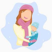 Editable Flat Style Oblique View of Woman Carrying a Child on Winter Season Vector Illustration for Artwork Element of Mother's Day or Womanhood Related Design