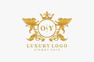 Initial OY Letter Lion Royal Luxury Logo template in vector art for Restaurant, Royalty, Boutique, Cafe, Hotel, Heraldic, Jewelry, Fashion and other vector illustration.
