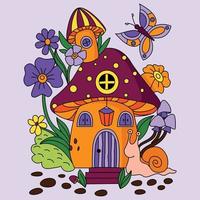 Cute mushroom house with flowers decoration snell and butterfly coloring illustration vector artwork
