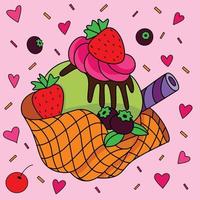 Delicacy fresh colorful ice cream on top of strawberries and olives with a decorated background vector