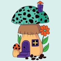 Cute aqua color mushroom house with flowers decoration coloring illustration vector artwork