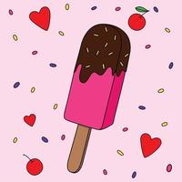 Cute ice cream with chocolate and cherry fruit decorated vector artwork illustration