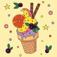 Delicious  cup con ice cream multi-flavor with lemon slice olive fruit decorated background artwork vector