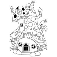 Mushroom house and snells on the top outline artwork coloring pages vector