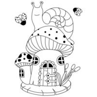 A big snell on the top of the mushroom house with ladybugs outline artwork coloring pages vector