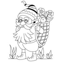 Gnome with a bag of flowers gift or dwarf cartoon character outline artwork coloring pages vector