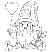 A Gnome sitting with a heart shaped balloon and love pattern hat outline artwork coloring pages vector