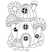 Cute colorful mushroom house and flowers on the top outline artwork coloring pages vector