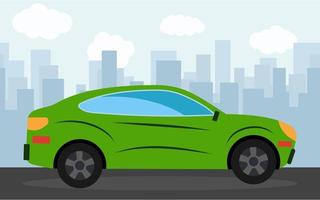 Green sports car in the background of skyscrapers in the afternoon. Vector illustration.