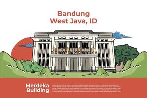 Merdeka Building Illustration historic building of the Non-Aligned Movement. Hand drawn Indonesian cultures background vector