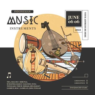 Indonesian music instruments hand drawn vector illustration. Music social media post template