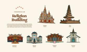 religión indonesia construyendo ilustración dibujada a mano. ilustración aislada de varios edificios religiosos vector