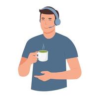 Support service. Customer service operator. Man with headphones and cup of matcha in hand. Call center online assistant.  Vector illustration.