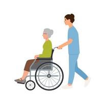 A male nurse in mask pushing a wheelchair for an elderly woman. Senior patient.Vector illustration vector