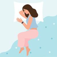 Sleeping young woman on her side. Sleep control concept. A girl in pajamas sleeps with a smart watch on her hand. Night rest, relaxation concept. Vector illustration in flat style