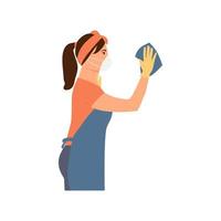 Cleaning service worker with  rag.Woman  in a respiratory safety mask. Toxic mold spores, health hazard.Means for removing fungi and bacteria. Flat vector illustration.