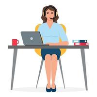 Support service. Customer service operator. Woman with headphones. Call center online assistant.  Vector illustration.