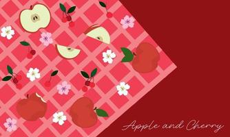 patrón sin costuras de cuadros con manzanas, cerezas y flores. vector