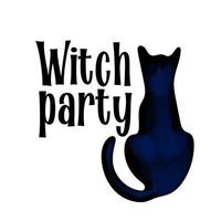 Black cat illustration with text Witch party isolated on white background vector