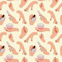 Seamless pattern with hand manicure and care. illustrations for nail cosmetics and beauty spa salon. Hands paint, file nails, holding polish and cream, vector set