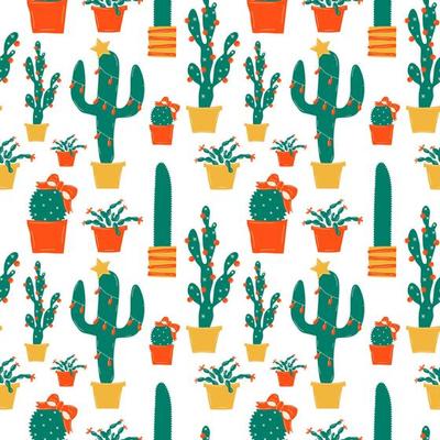 Seamless pattern with Winter holiday decorations. Christmas cactus, scandinavian style branches and xmas tree toys. Leaves, red berries and cacti with festive garlands vector clipart