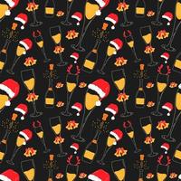 Seamless pattern with Champagne glasses with Christmas accessories. Santa hat, deer horns, bells vector