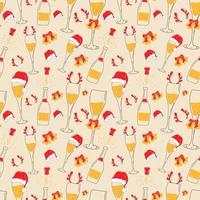 Seamless pattern with Champagne glasses with Christmas accessories. Santa hat, deer horns, bells vector