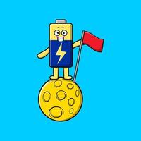 Cute cartoon Battery standing on moon with flag vector