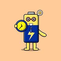 Cute cartoon Battery character holding clock vector