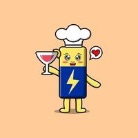 Cute cartoon Battery chef holding wine glass vector