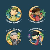 ramadan kareem etiqueta insignia niños lindos colección de ilustración de dibujos animados vector