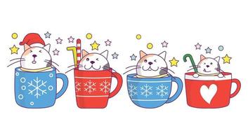 Collection of cute cat in Christmas drink cup, coffee or tea with doodle cartoon style. vector