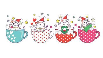Collection of cute cat in Christmas drink cup, coffee or tea with doodle cartoon style.