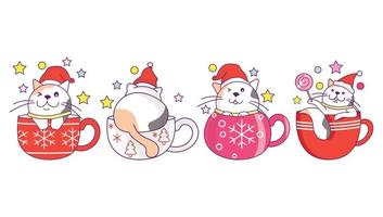 Collection of cute cat in Christmas drink cup, coffee or tea with doodle cartoon style.