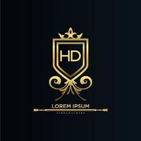 letra hd inicial con plantilla real.elegante con vector de logotipo de corona, ilustración de vector de logotipo de letras creativas.