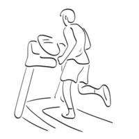 hombre corriendo en la cinta de correr en el gimnasio ilustración vector dibujado a mano aislado en el arte de línea de fondo blanco.