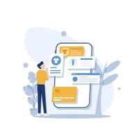 concepto moderno de diseño plano de compras en línea con personas pequeñas, desarrollo de sitios web móviles. diseño de interfaz de usuario y ux vector