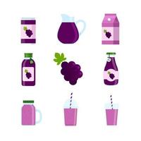 bebida de uva en lata, vaso de plástico y vaso de vidrio aislado en fondo blanco, jugo y batido vector