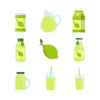 limonada en lata, vaso de plástico y vaso de vidrio aislado en fondo blanco, jugo y batido vector