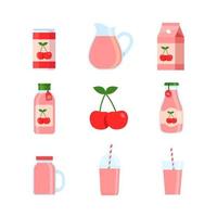 Cherry Beverage in Can,Plastic Cup and Glass Cup Isolated on White Background,Drink - Juice and Smoothie vector